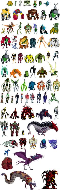 an image of different types of monsters in various positions and sizes, all with different colors