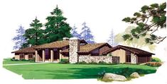 this is an artist's rendering of the front elevation of these ranch house plans