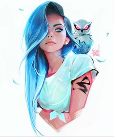 a drawing of a girl with blue hair and an owl on her shoulder, looking at the camera