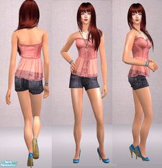 three different views of a woman in short shorts and tank top with high heeled shoes