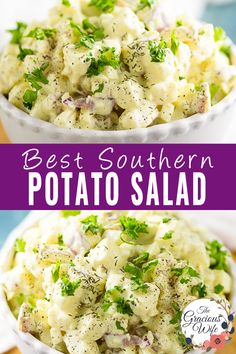 two white bowls filled with potato salad on top of a wooden cutting board and the words best southern potato salad