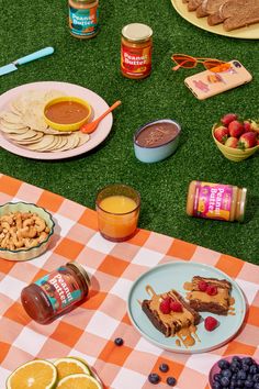 a table topped with plates of food next to fruit and crackers on top of a grass covered field