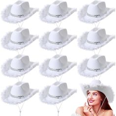 PRICES MAY VARY. Feather Cowgirl Hat Sets: you will get 12 pieces of cowgirl hats, stylish and shimmering, featuring eye catching sequins and a fuzzy trim, making you stand out from the crowd, the adequate quantity enough for your daily use and replacement Proper Size: the cowgirl hat with feathers measures about 14.96 x 11.81 x 5.12 inch/ 38 x 30 x 13 cm, with a head circumference of about 22.83-23.62 inch/ 58-60 cm and an adjustable drawstring design, suitable for most women Reliable Material: Western Costume, Halloween Western, Cowboy Costume, Western Costumes, Round Hat, Cowgirl Birthday, Cowgirl Hat, Western Look, Cowgirl Hats