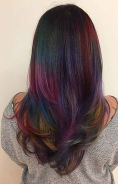 Rainbow Highlights Hair Brown, Brown Hair With Colored Highlights Fun, Dark Rainbow Hair, Oil Spill Hair, Rainbow Hair Highlights, Shoulder Length Black Hair, Indian Hair Cuts, Colored Hairstyles