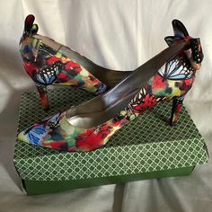 Size 12 Wide. Philis - Jj Butterfly Fabric. Black/ Bright Multi Multicolor Fitted Heels For Spring, Spring Multicolor Fitted Heels, J Renee Shoes, Butterfly Fabric, Fabric Black, Evening Shoes, Black Blue, Blue Black, Size 12