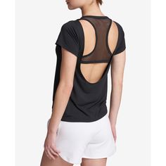 A Chic Look In Breathable Comfort, This Dkny Sport T-Shirt Features A Deep Scoop Back With A Mesh Racerback Inset That Raises The Bar On Active Style. Approx. Model Height Is 5'10" And She Is Wearing A Size Small Hits At Hip Deep Scoop Back With Mesh Racerback Modal/Elastane Machine Washable Imported Sports Top With Scoop Neck And Mesh Back, Scoop Neck Sports Top With Mesh Back, Casual Stretch Top With Mesh Back, Sporty Black Scoop Neck Top, Casual Tops With Mesh Back, Black Scoop Neck Gym Top, Black Scoop Neck Top For Gym, Casual Gym Tops With Mesh Back, Scoop Neck Gym Top With Mesh Back