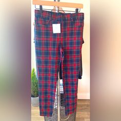 M Zara Plaid Navy Red Pant Leggings New With Tags Stretch Size M Pet + Smoke Free Faux Pockets High Waist Stretch Plaid Bottoms, Plaid Stretch Trousers, Red Stretch Leggings For Work, Red Leggings For Workwear In Fall, Red Fall Leggings For Work, Stretch Plaid Trousers, Casual Red Zara Bottoms, Casual Plaid Zara Bottoms, Trendy Plaid Zara Bottoms