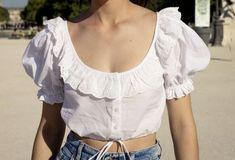 White Blouse Top, Wearables Design, Pretty Blouses, White Blouse, New Wardrobe, Cotton Tops, Tops Designs, Ready To Wear, Ruffle Blouse