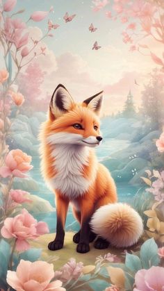 a painting of a fox sitting in front of flowers