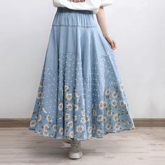 Descriptions For a fashionable look that will keep you comfortable all day long, look no further than our Floral Printed Light Blue High-Rise Denim Skirt. With its stylish print and high-rise design, this skirt is perfect for any occasion. Whether you're running errands, heading to the office, or spending a day out with friends, our skirt will keep you feeling confident and stylish. Details Silhouette: A-lineMaterial: DenimOccasion: DaytimeProcess: PrintedApparel Closure Type: ElasticRise Style: High WaistTheme: Summer, Spring, AutumnColor: BlueSize: One Size Size Chart Length: 88-90 cm/ 31.50-35.43 ''Waist: 70-95 cm/ 27.56-37.40 ''Hem: 600 cm/ 236.22 '' High Waist Denim Blue Skirt For Spring, High Waist Denim Blue Cotton Skirt, Spring Casual Non-stretch Denim Skirt, Blue Denim Skirt For Spring, Casual Non-stretch Denim Skirt For Spring, Casual High-waisted Floral Print Skirt, Casual High Waist Floral Print Skirt, Casual Medium Wash Floral Print Bottoms, Non-stretch Cotton Skirt With Floral Print