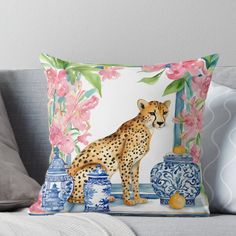 a cheetah and vases on a floral background throw pillow