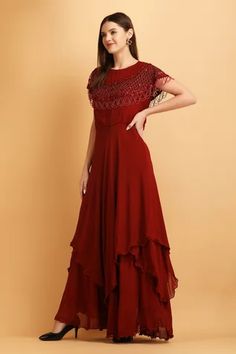 Shop for Label Ivish Viscose Georgette Embroidered Cut Dana Shoulder Panel Gown for Women Online at Aza Fashions Festive Floor-length Evening Maxi Dress, Festive Floor-length Maxi Evening Dress, Maxi Length Georgette Evening Dress, Red Georgette Floor-length Maxi Dress, Red Georgette Maxi Length Gown, Georgette Maxi Evening Gown, Georgette Maxi Gown For Evening, Elegant Georgette Maxi Gown For Evening, Floor-length Georgette Maxi Evening Dress