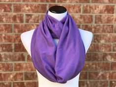 "This handmade infinity scarf made of soft jersey cotton. Sewn with a double layer, there are no open seams or raw edges. Loop it, drape it or wrap another round and go! Made with love and care of new soft cotton fabric in a smoke free home. Measurements: 8\"- 8.5\" wide (17\" in diameter) 29\"- 30\" drop long (59\"- 60\" in diameter) 100% cotton Recommendations for washing and drying the scarf: I recommend Hand wash. Scarf must be hung to dry. Do not tumble dry in the dryer. Washer & dryer not Solid Cotton Scarf For Spring, Lavender Scarf, Mustard Yellow Cardigan, Mustard Scarf, Purple Scarf, Scarf Infinity, Cooling Scarf, Lilac Lavender, Another Round