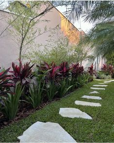 a garden with stepping stones in the grass