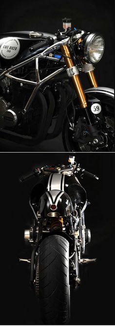 two pictures of a black and white motorcycle in the dark, one with chrome exhaust pipes