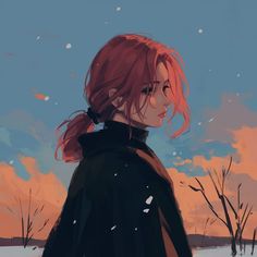 a girl with red hair standing in the snow looking out into the distance at sunset