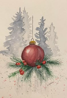 Christmas Card Drawing, Christmas Card Tutorials, Painted Christmas Cards, Chocolate Frosting Recipes, Art To Paint, Water Color Art, Christmas Artwork, Flower Outline, Diy Watercolor Painting