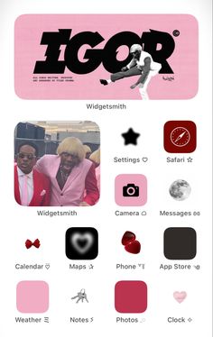 an iphone screen with icons and text on the bottom right corner, including two men in pink