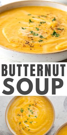 butternut soup in a white bowl with the words butternut soup on top and bottom