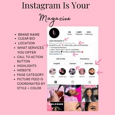 the instagram is your magazine cover with pink and black photos, text that reads