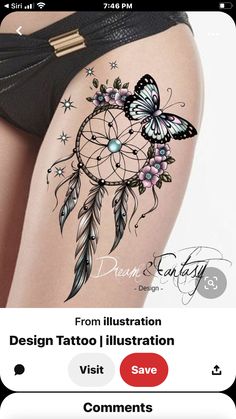 a woman's thigh with tattoos on it and the words design tattoo illustration visit save