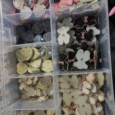 a plastic container filled with lots of different types of buttons and brooches in it