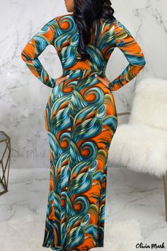 Olivia Mark - Blue Print Patchwork V-Neck Long-Sleeve Dress Multicolor V-neck Bodycon Dress, Orange Fitted Long Sleeve Maxi Dress, Fitted Orange Long Sleeve Maxi Dress, Multicolor Non-stretch V-neck Maxi Dress, Orange Long Sleeve Bodycon Dress For Spring, Blue Printed Maxi Dress For Fall, Drape Maxi Dress, Casual Wear Dress, Long Sleeve Dresses