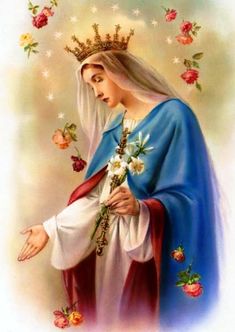 an image of the virgin mary holding flowers