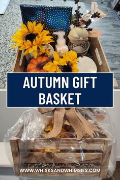 an autumn gift basket with sunflowers, pumpkins and other items in it