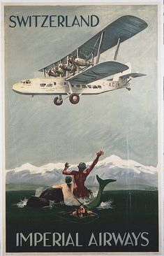 an advertisement for the imperial airways shows a man on a boat in front of a plane