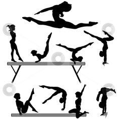 the silhouettes of people doing different gymnastics tricks on parallel bars, including one man and two women