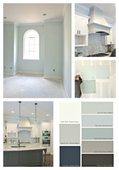 the interior of a house with white and gray paint samples in different stages of being painted