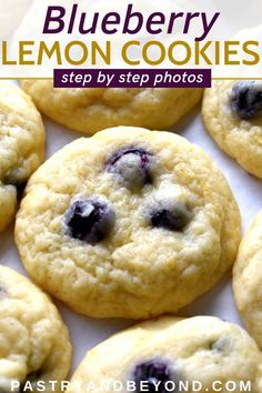 blueberry lemon cookies are arranged in rows on a white surface with text overlay