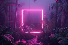 a pink neon frame in the middle of a jungle filled with palm trees and plants