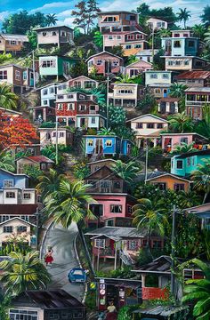 a painting of houses on a hill with palm trees