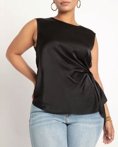 Shimmery satin makes complexions glow, and this dropped shoulder tank with its chic side tie will also bring on admiring glances. This luxurious looking top can be popped into the washing machine. With its side tie and dropped shoulder, this plus-size tank adds a luxurious touch to any outfit. ELOQUII Aria Tie Side Satin Tank | Totally Black | Tops | Materials & Care Instructions: ['97% Polyester, 3% Spandex', 'Machine wash cold', 'Imported'] Skirt Belt, Body Size, Black Silk, Washing Machine, Dress Shop, Sleeveless Top, Open Shoulder Tops, Personal Style, Satin