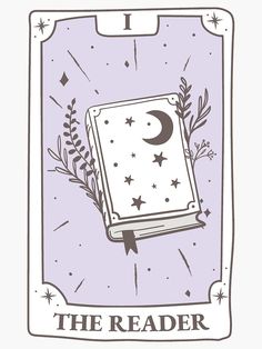 the reader tarot card with an illustration of a book and stars on it's cover