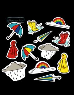 various stickers with umbrellas, rain and rainbows on black backgroud