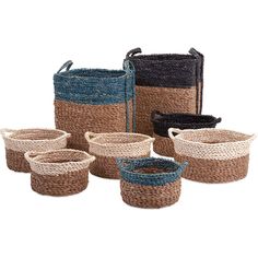 several baskets with handles and handles are shown in different colors, sizes and shapes on white background