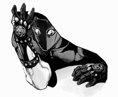 a black and white drawing of a person's foot with spikes on it, wearing gloves