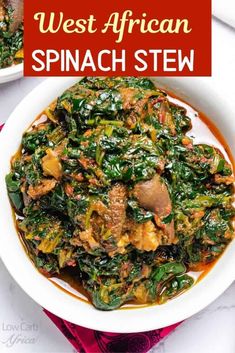 spinach stew in a white bowl with text overlay that reads west african spinach stew