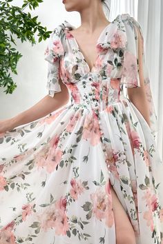 Patterned Bridesmaid, Floral Floor, Floral Print Chiffon Dress, Corset Design, Print Chiffon Dress, Floral Print Chiffon, Dresses Floral, Prom Party, Tea Length