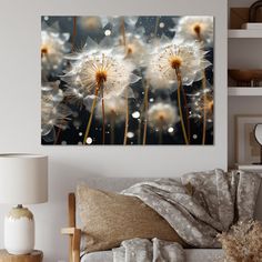 three dandelions blowing in the wind on a black and white background