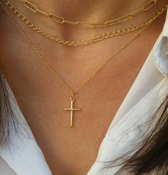 14k gold plated layered necklace set, made of high-quality link chain necklaces and dainty cross necklace. Appropriate for both everyday or special looks. Ideal anniversary gift! Also available in 925 Sterling Silver.  Length approx. 16 inches, 17 and 20  - can be adjusted upon request. You may choose gift wrapping at checkout, if you wish! If you need it sooner, select expedited shipping at checkout and leave us a note with the wishing date! ★ Read our policies before purchase: https://www.etsy Trendy Gold Cross Jewelry, Dainty Gold Cross Chain Necklace, Rose Gold Anklet, Dainty Cross Necklace, Layered Chain Necklace, Layered Chain, Layered Necklace Set, Layered Chains, Minimalist Bracelet