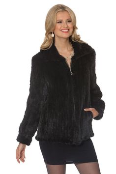 Knitted Mink Jacket - Midnight Black - ZipperedFur Content: Knitted Dyed Mink. Fur Origin: Denmark. Available in sizes S = 4 - 8, M = 10 - 12, L = 14 - 16. Zippered Closure. Side Seam Pockets.$1,295.00http://www.madisonavenuemalls.com/shop/furs/mink/mink-jackets/knitted-mink-jacket-midnight-black-zippered/