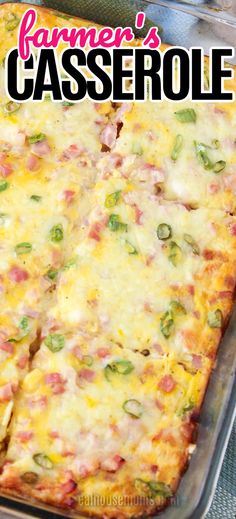 a casserole with ham, cheese and green peppers in a glass baking dish