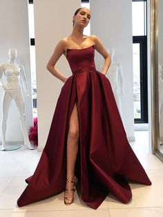 Ball Gown Sleeveless Strapless Sweep/Brush Train Ruffles Satin Dresses Split Prom Dresses, Navy Blue Prom Dresses, Strapless Prom Dresses, Prom Dresses With Pockets, Corset Dress Prom, Burgundy Prom Dress, Graduation Dresses, فستان سهرة, Beauty Dress