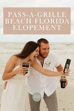 a man and woman standing next to each other on the beach with text that reads pass - a - grille beach florida elopement