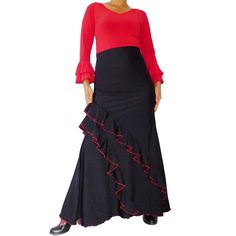 For adjustment/custom made please contact us. Beautiful ruffled skirt for flamenco dance practice/performance. This skirt design is simple and  elegant to accompany your dance movement in class/performance. Performance version will be made with spandex, while the practice will be made with jersey. Please write a note for red or black threads edging for your skirt accent. If we don't get your message, thread edging will be red for black skirt, and black for red skirt. Other threads color maybe av Modern Flamenco Style, Spain Party, Skirt Ruffles, Message Thread, Ruffles Skirt, Spanish Clothing, Flamenco Skirt, Flamenco Dress, Flamenco Dancing