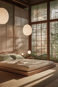 Serene Japandi interior featuring neutral tones, natural textures, and minimalist decor bathed in evening light